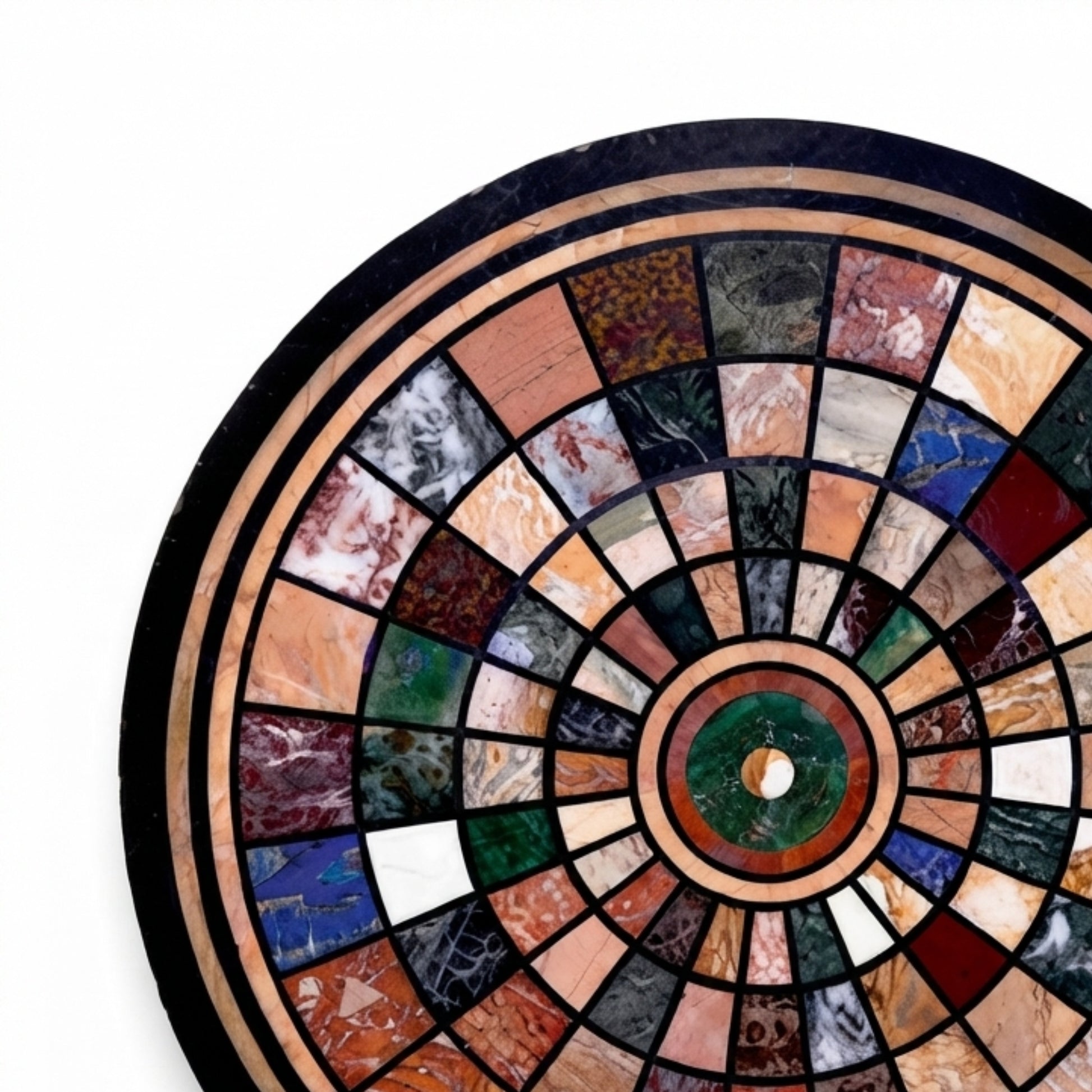 Close-up of handcrafted round marble inlay table top showcasing intricate multicolor gemstone mosaic craftsmanship and polished finish.