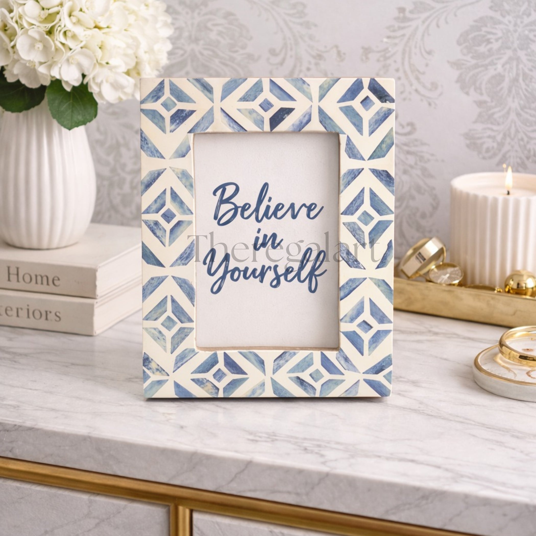 Handcrafted Blue & White Geometric Pattern Photo Frame – Decorative Tabletop Picture Frame
