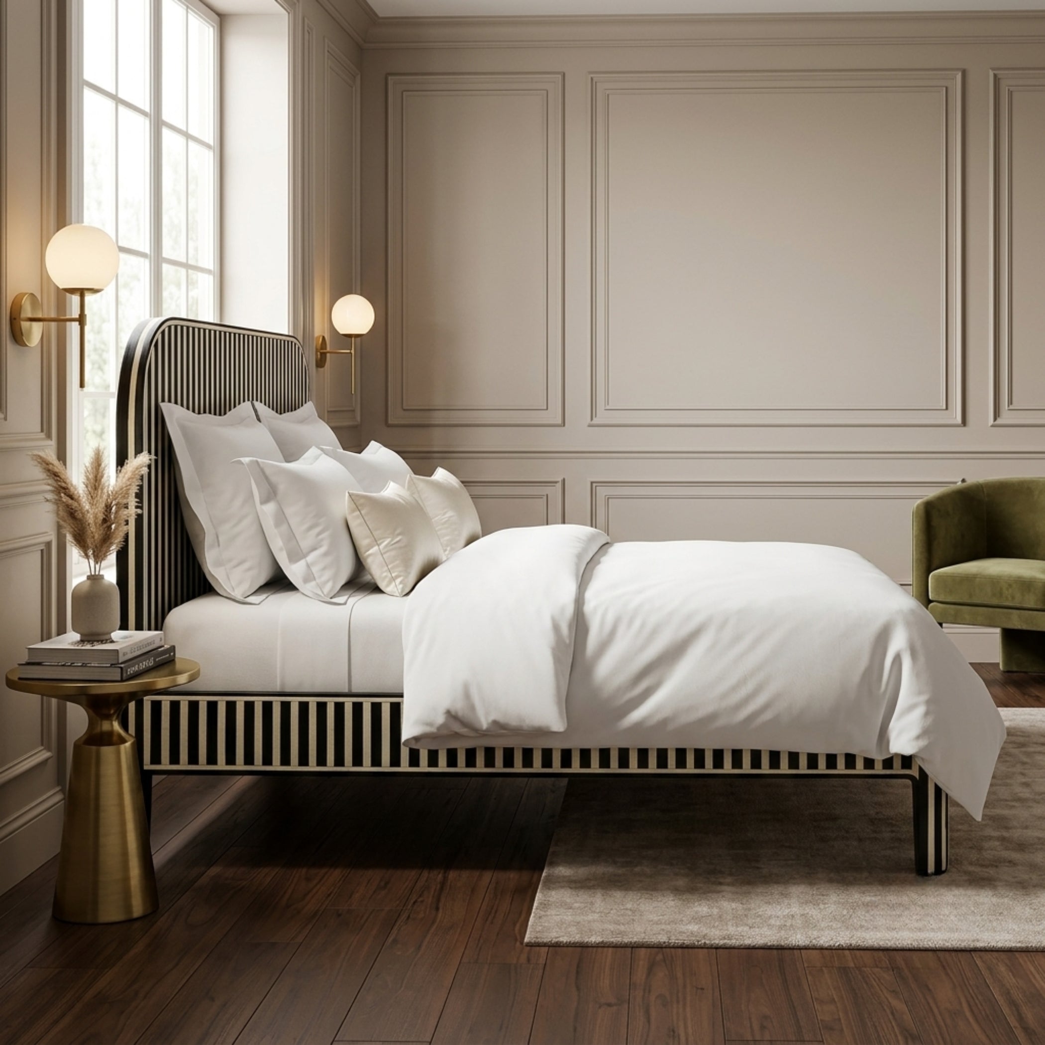 Black & White Bone Inlay Stripe Bed | Luxury Modern Bed