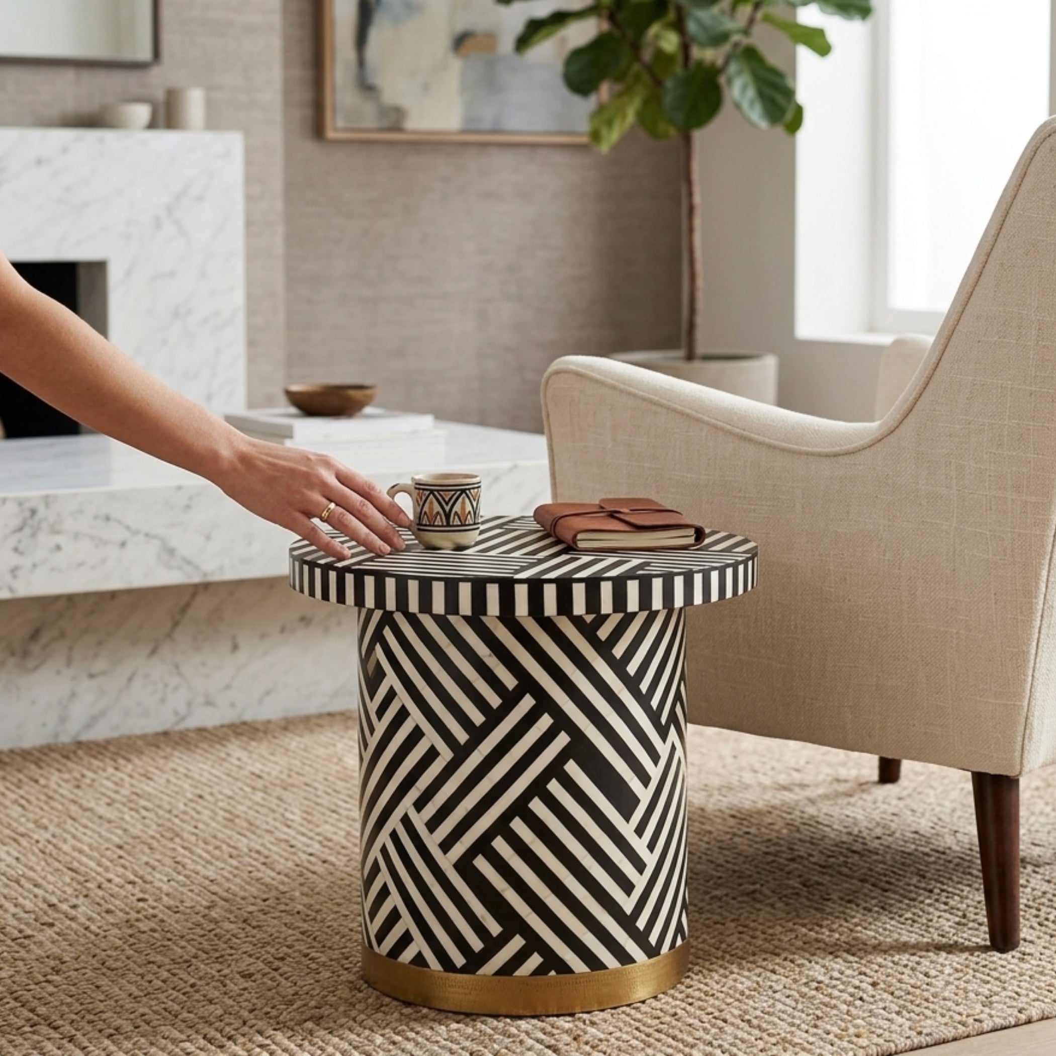 Handmade Bone Inlay Round Side Table | Black White