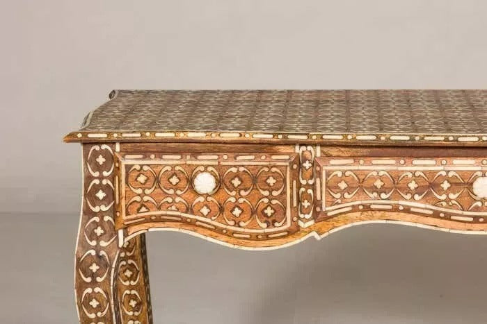 Vintage Console Table Three Drawers Louis XV Style Anglo-Indian Bone Inlay Furni