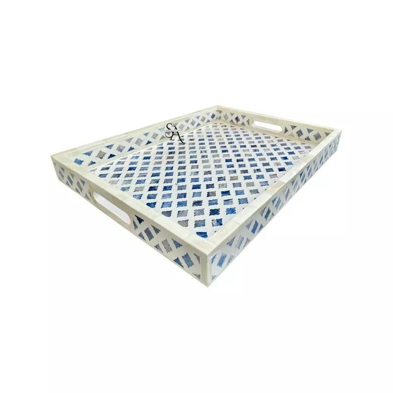 Handmade Bone Inlay Tray | Moroccan Blue Serving Gift