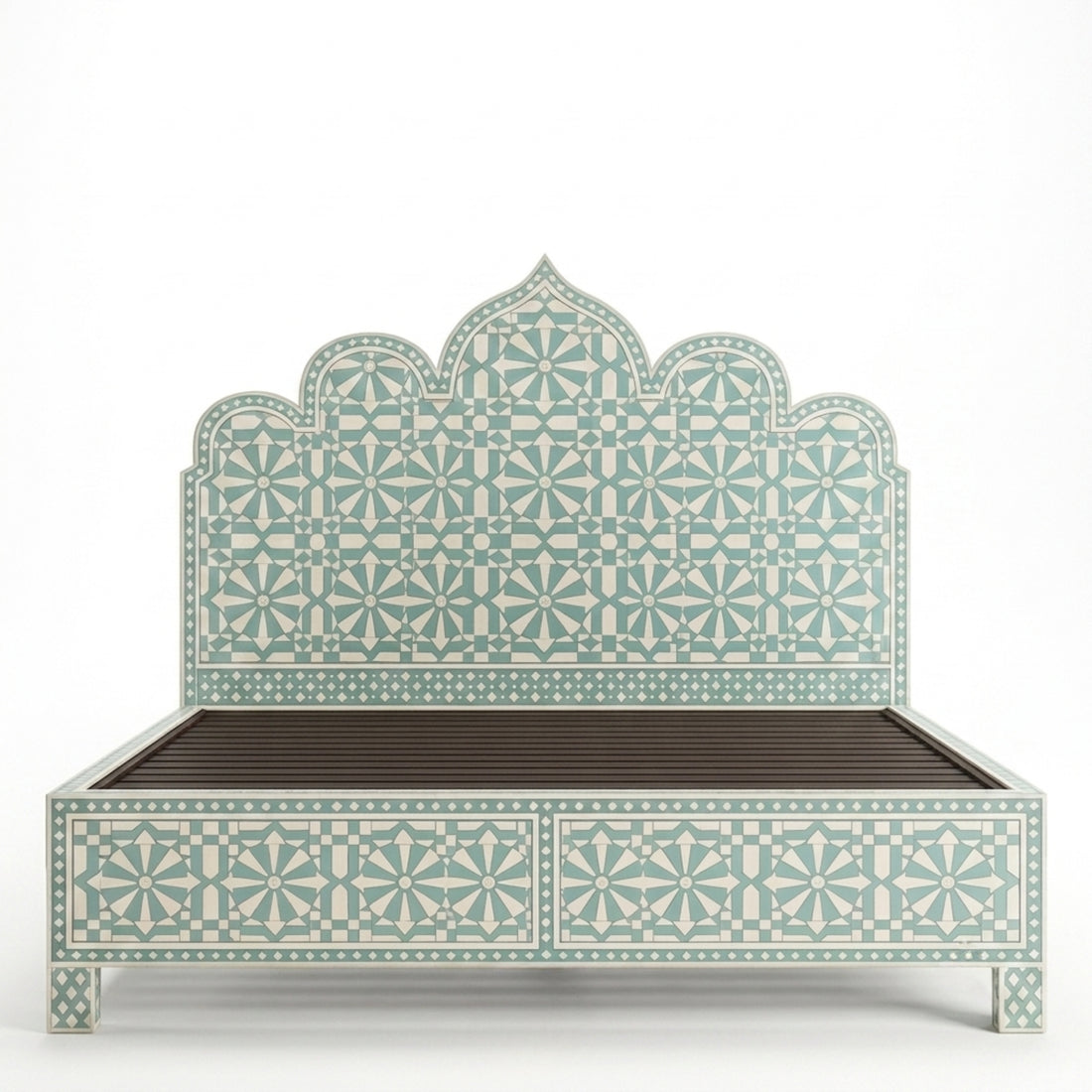Aqua Blue Bone Inlay Bed | Moroccan Arch Luxury Bed