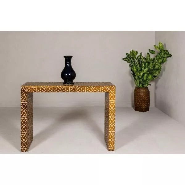 Wooden Console Table, Bone Inlay Furniture Geometric Mango Wood Handmade Home Décor