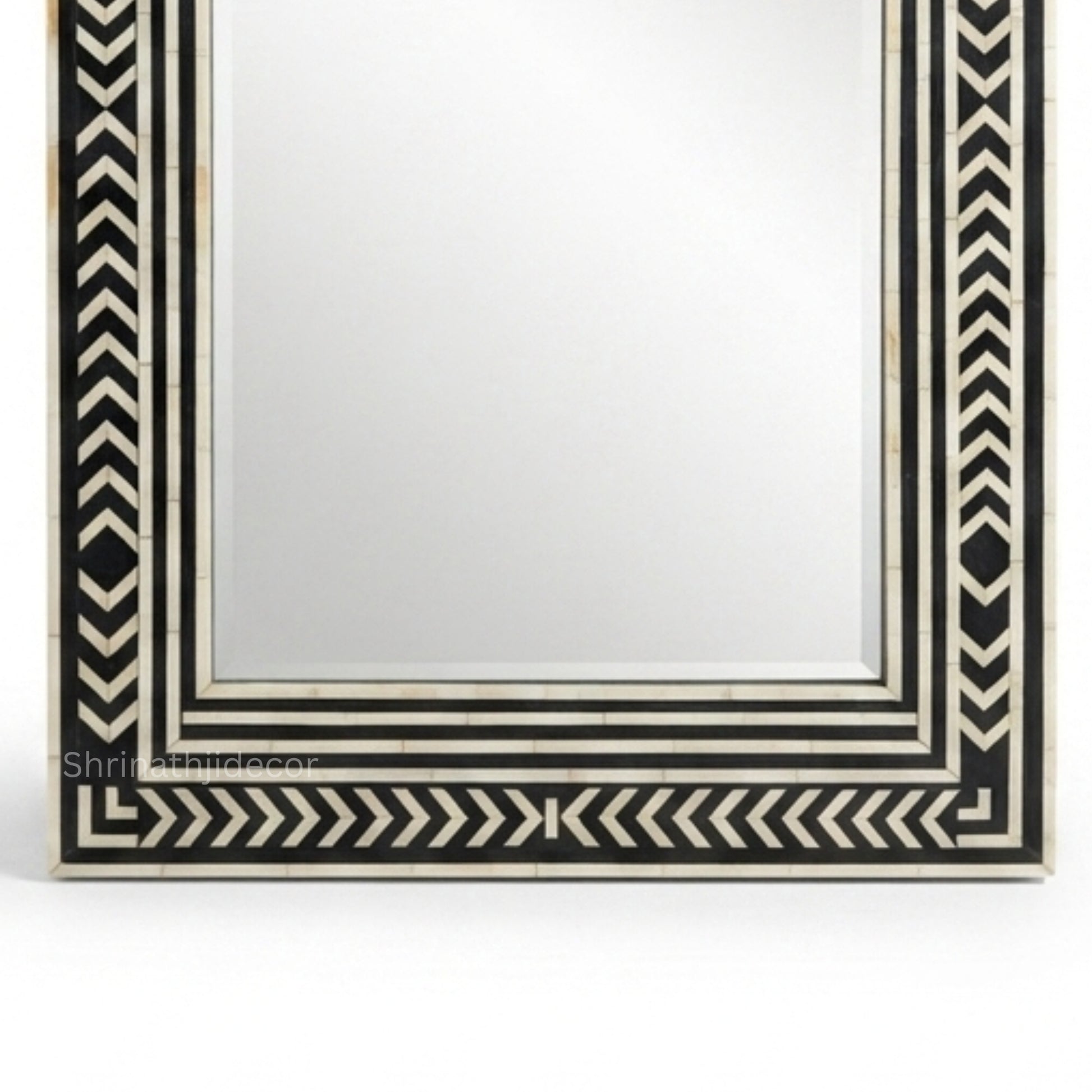 Close-Up of Handmade Black and White Bone Inlay Chevron Pattern Mirror Frame Detail