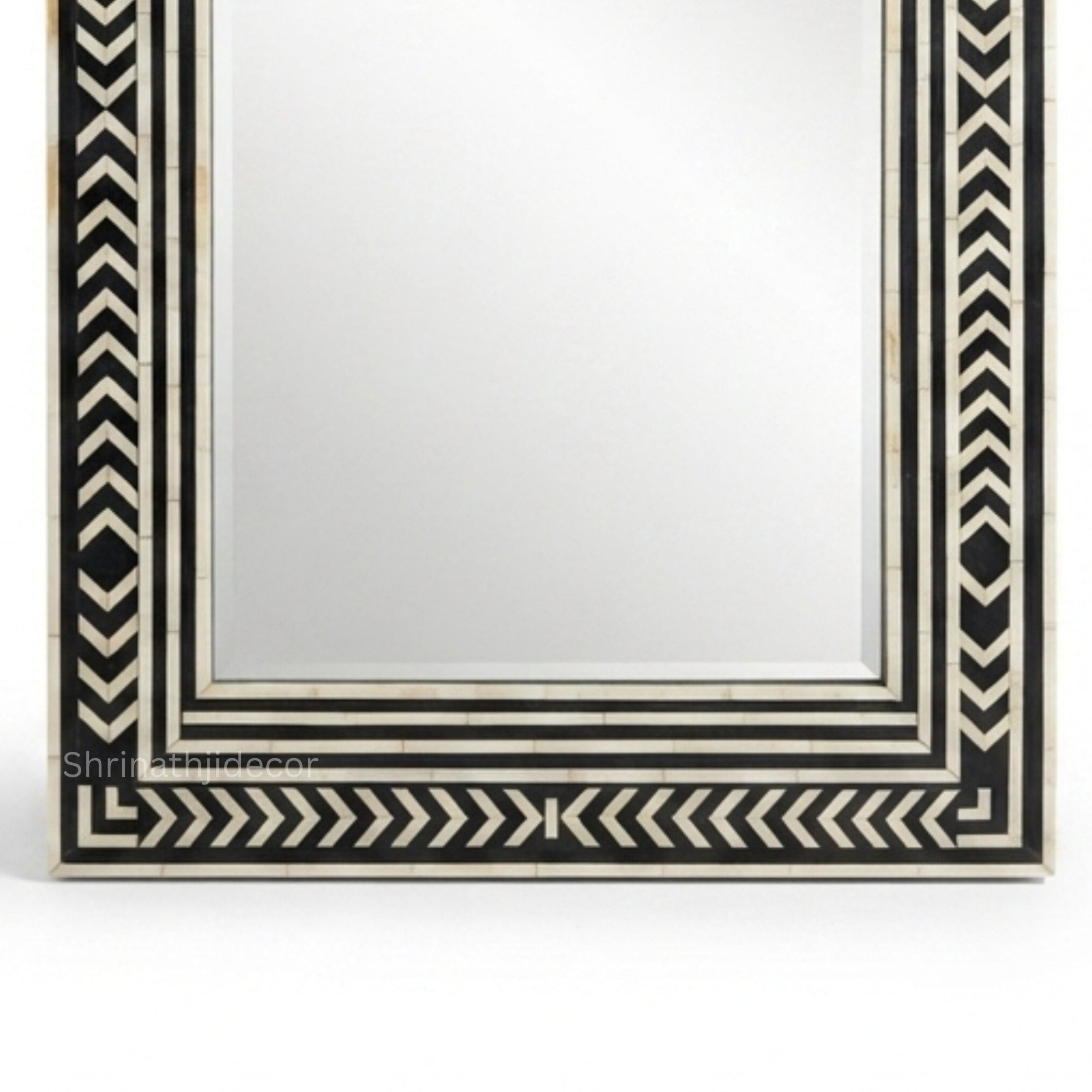 Close-Up of Handmade Black and White Bone Inlay Chevron Pattern Mirror Frame Detail