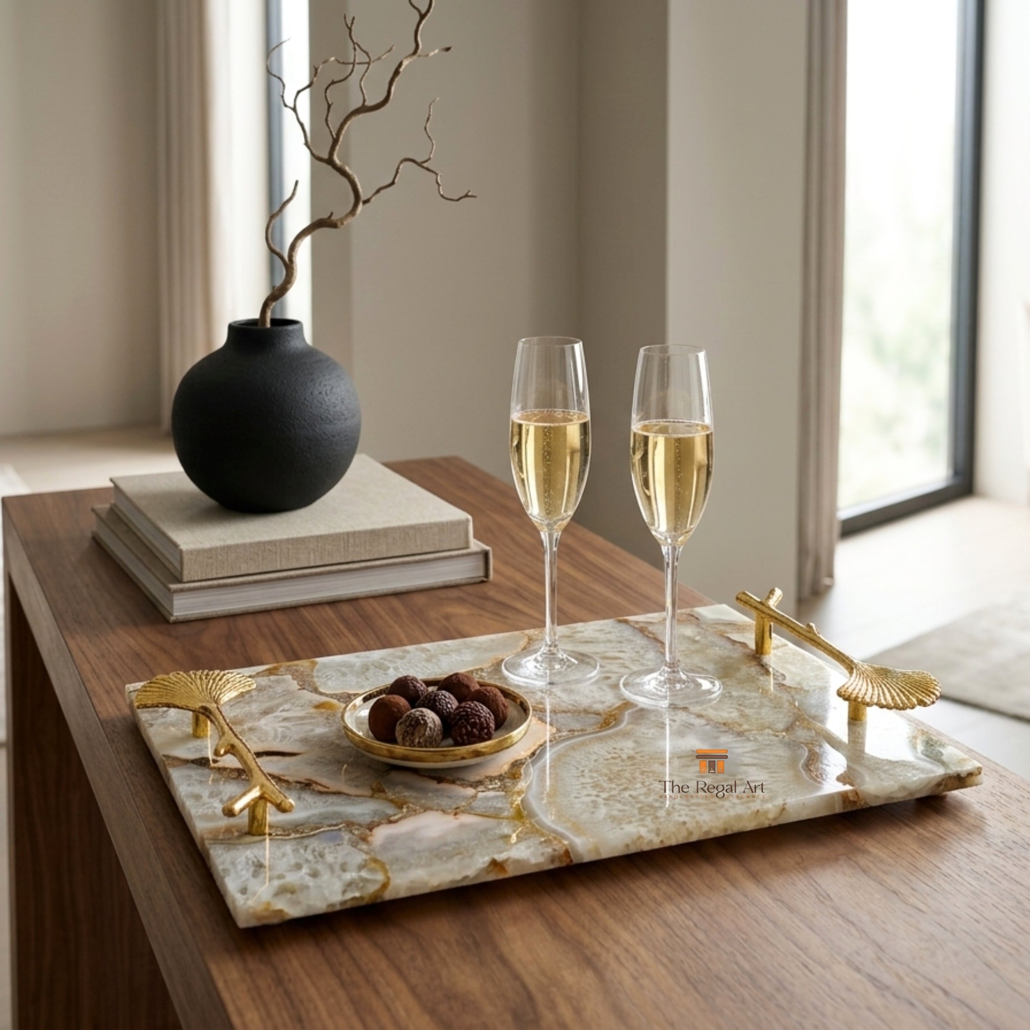 White Agate Serving Tray | Luxury Gold Handle Table Decor