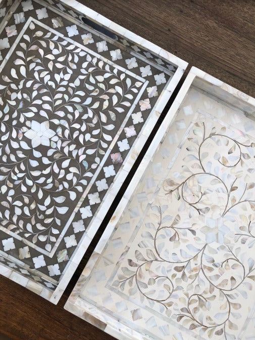 Kitchen Serving Tray Handmade Mother of Pearl Inlay Floral Design Coffee Table Tray