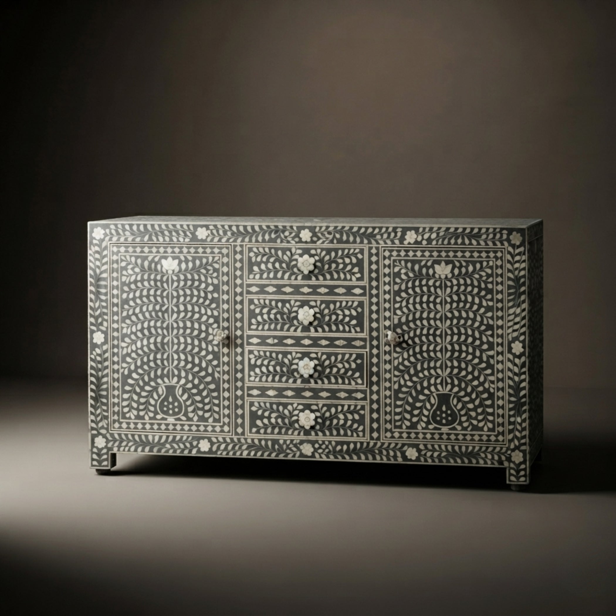 Toulouse Charcoal Grey Bone Inlay Sideboard Cabinet | Handmade Decor