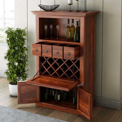 Handmade wine rack table with drawer and door. Rustic, solid, reclaimed wooden furniture.