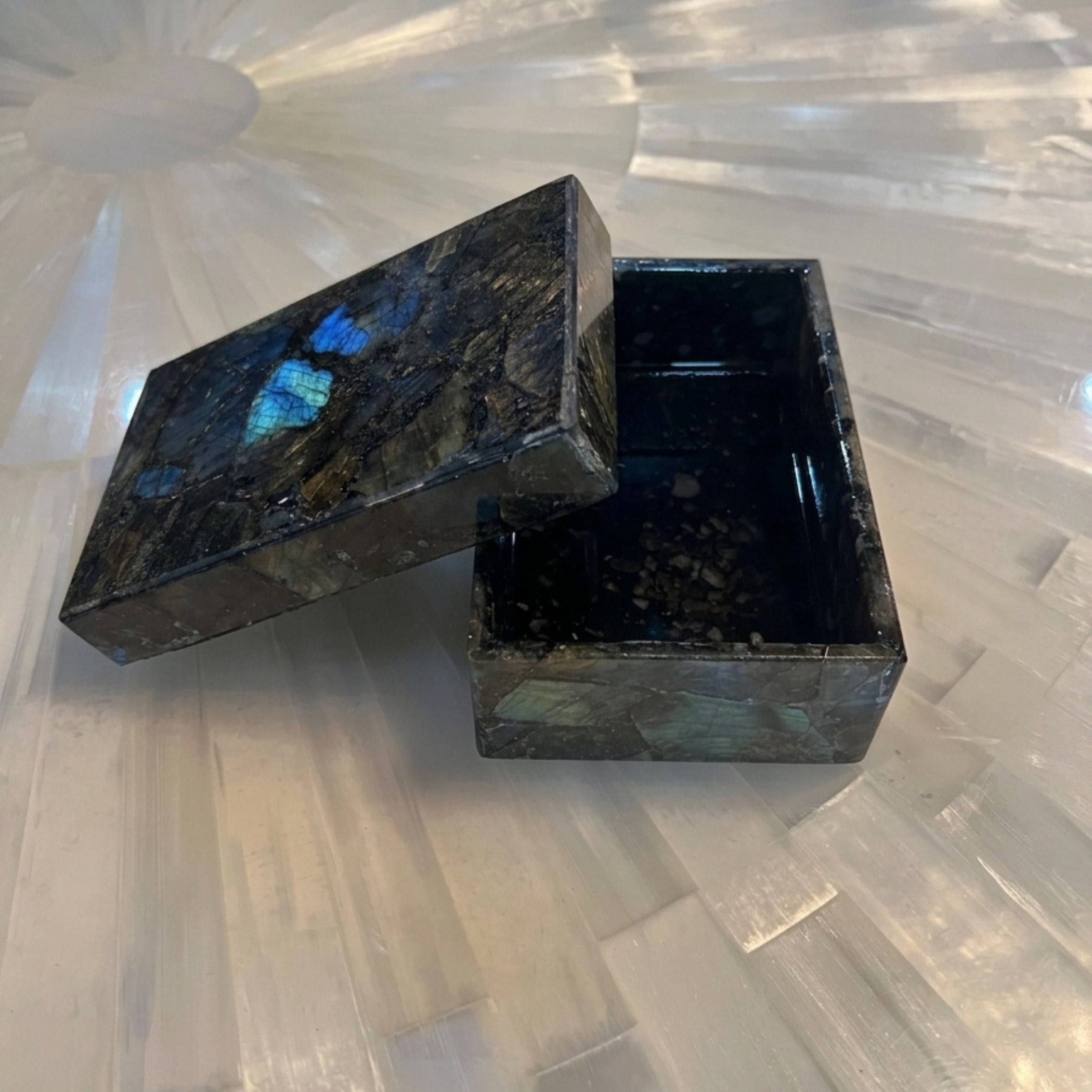 Open Handmade Labradorite Jewelry Box with polished gemstone lid showing spacious storage compartment by The Regal Art