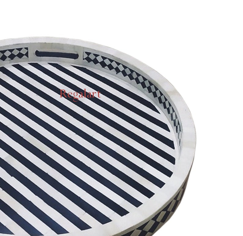 Luxury Bone Inlay Round Tray | Striped Decor Serving