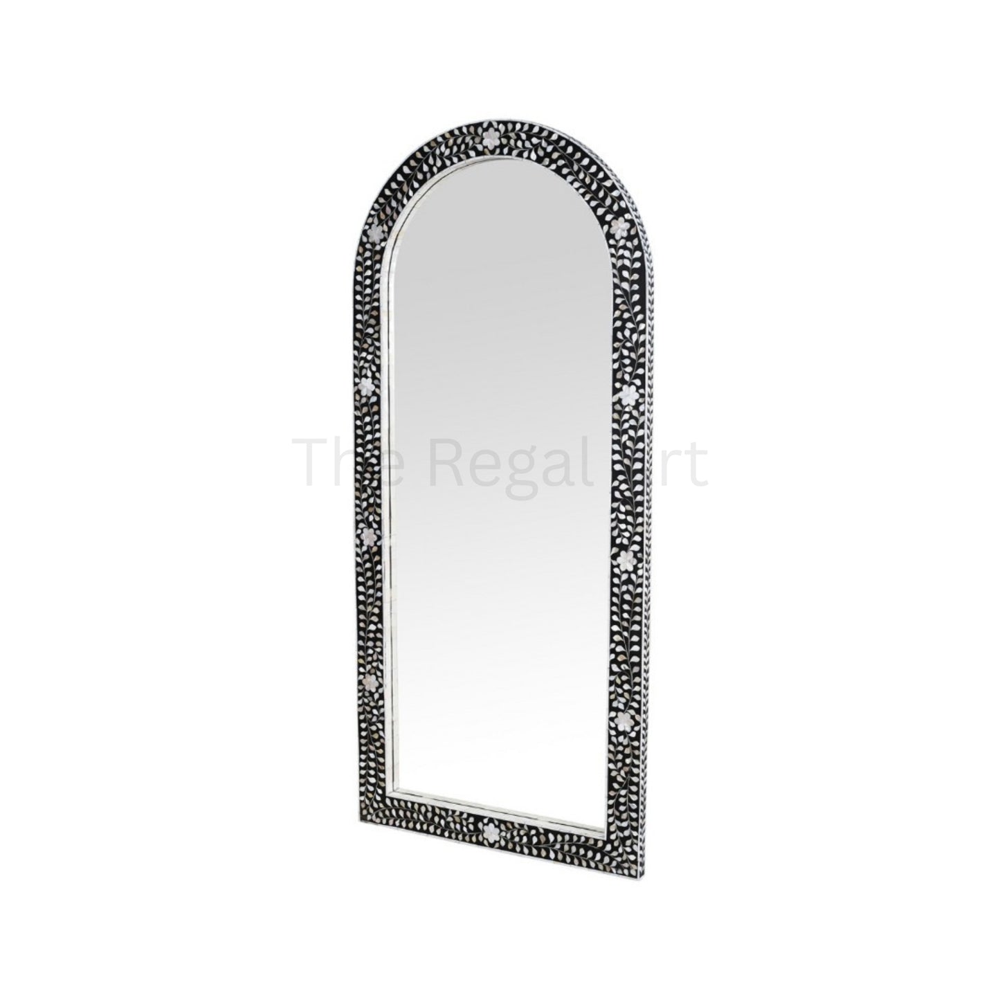 Handmade Bathroom Mirror Frame -Black Mother of Pearl Inlay Arched Floral Design