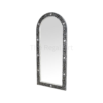 Handmade Bathroom Mirror Frame -Black Mother of Pearl Inlay Arched Floral Design