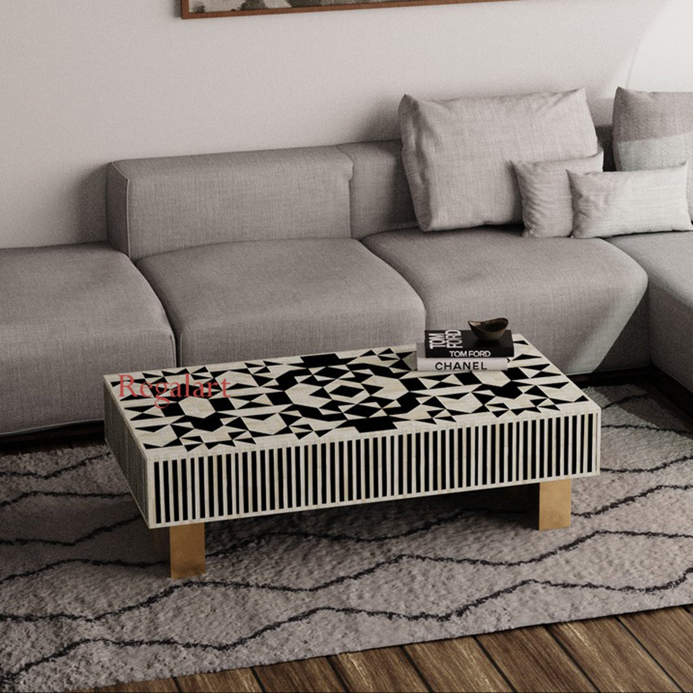 Luxury Black Bone Inlay Coffee Table for Living Room