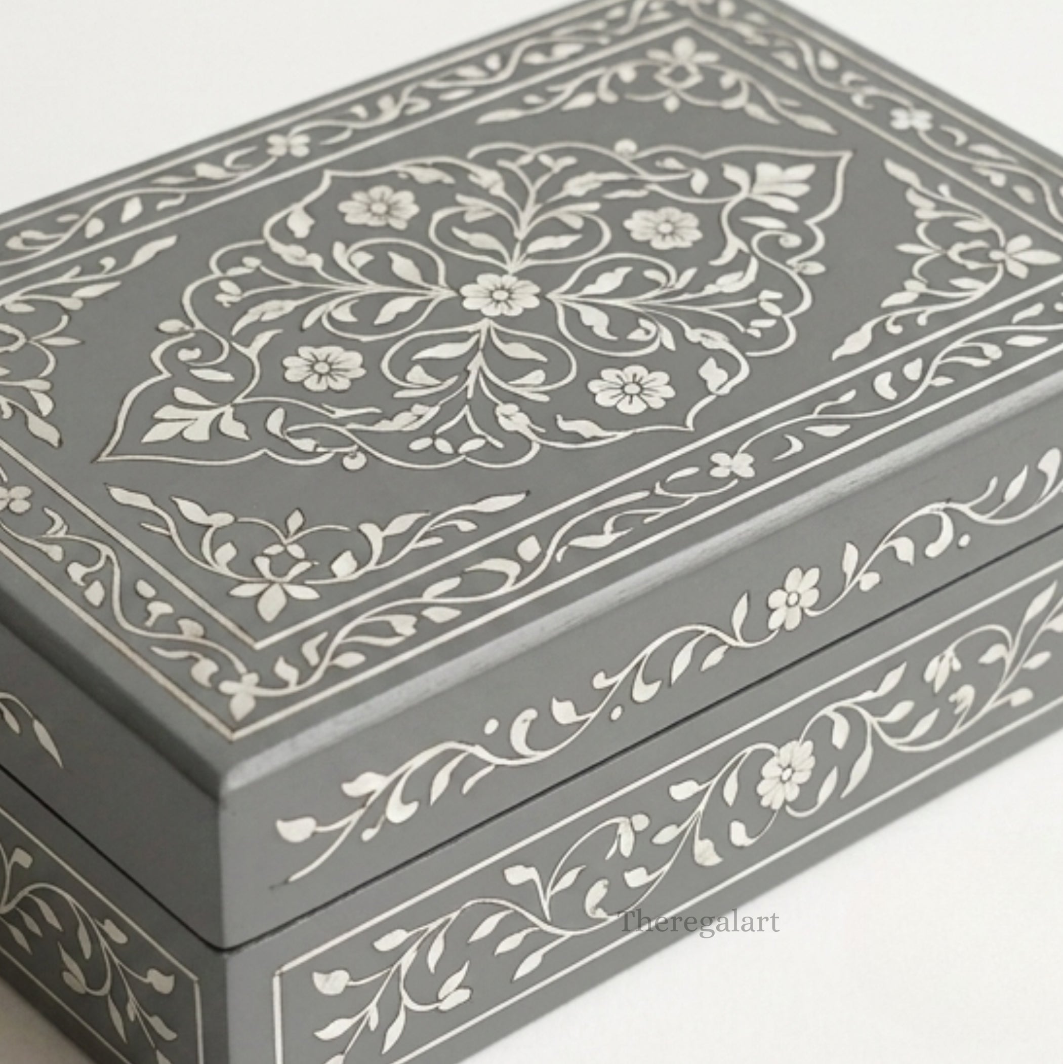 Handmade Bone Inlay Jewellery Box Gray Floral Storage Case