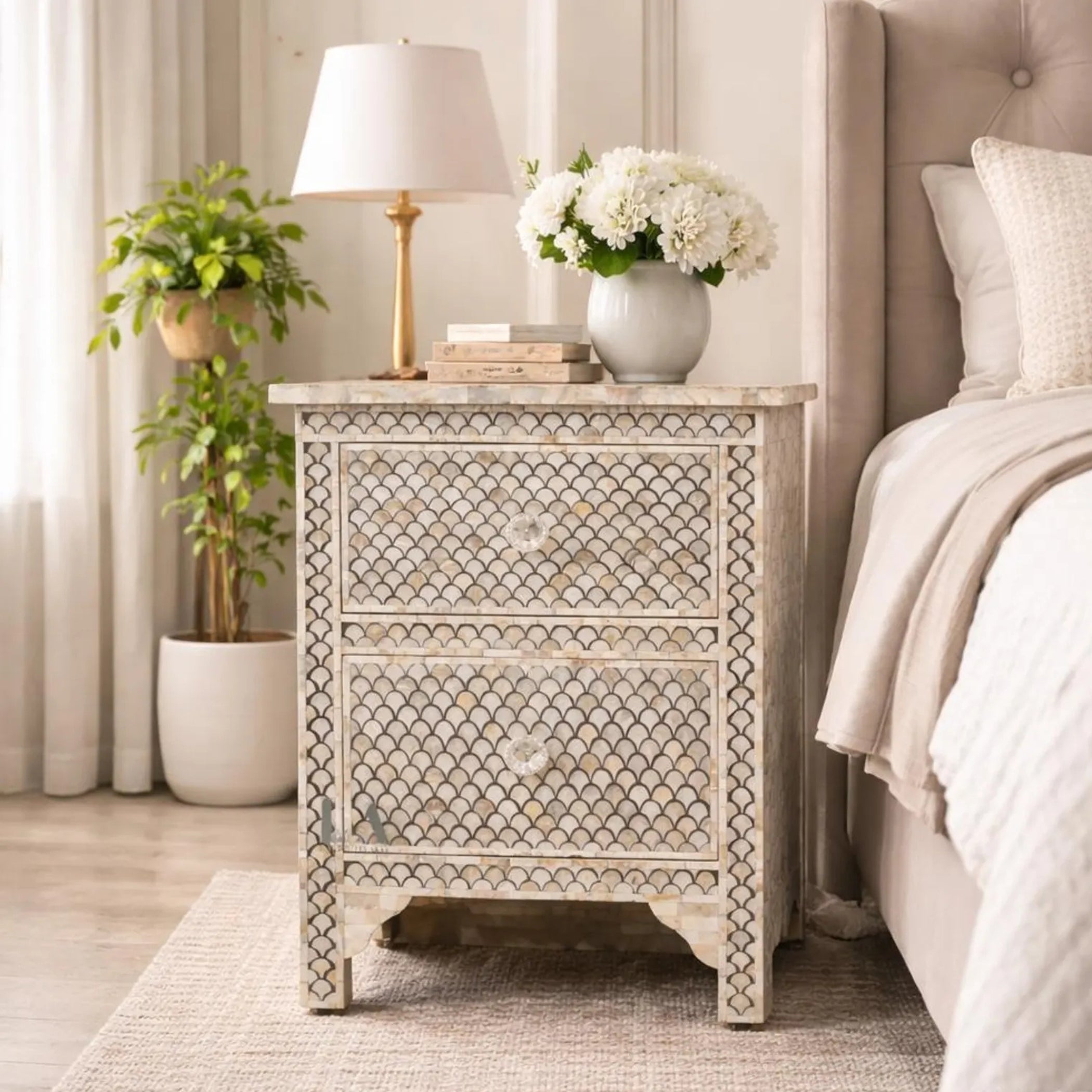 Mother of Pearl Inlay Bedside Table – Handmade Two Drawer Nightstand