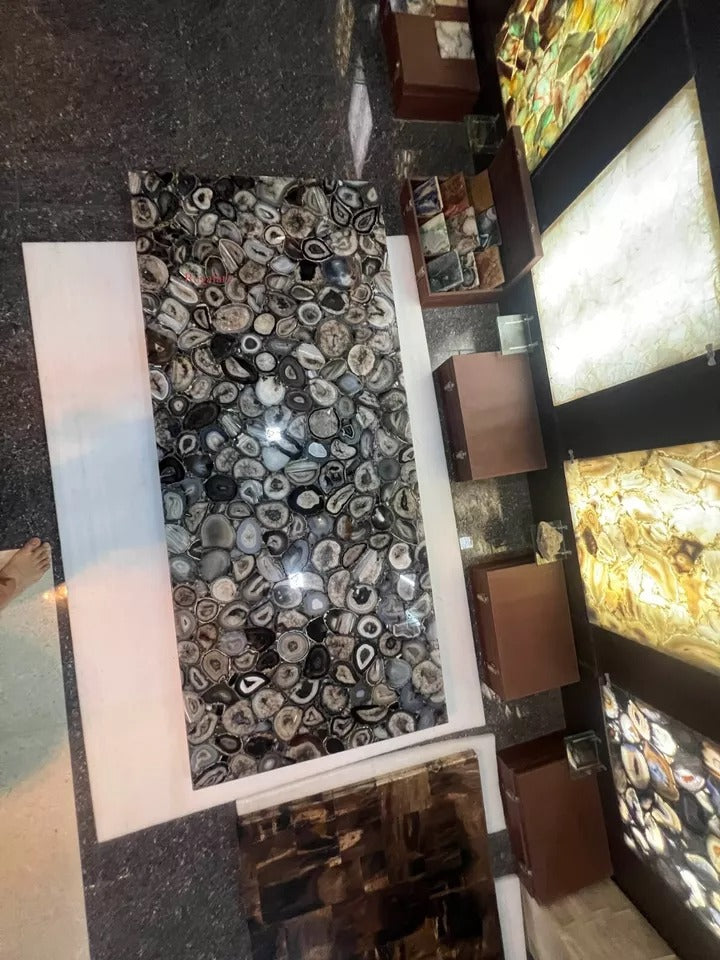 Agate Black Brazil Dining & Kitchen Table, Agate Table Top Slab Decor