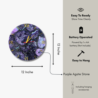 Purple Agate Gemstone Wall Clock: Handmade Home Decor