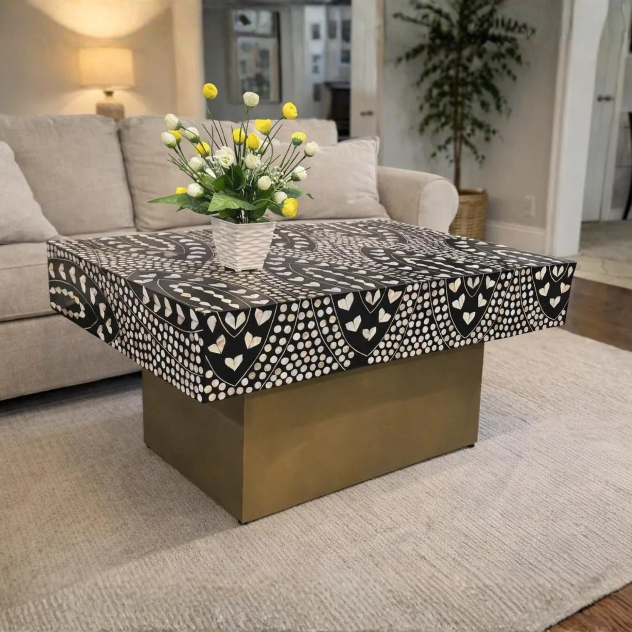 Handmade Mother of Pearl Inlay Coffee Table – Floral Statement Décor