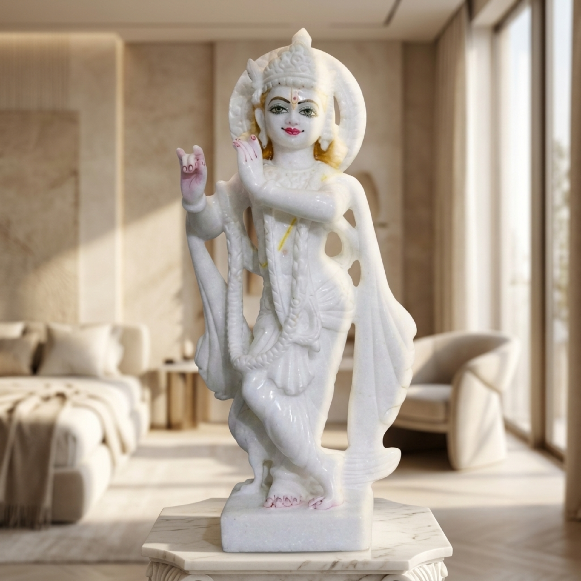 Luxury Handmade White Marble Lord Krishna Statue displayed on a marble pedestal in a modern living room with elegant contemporary décor by The Regal Art.
