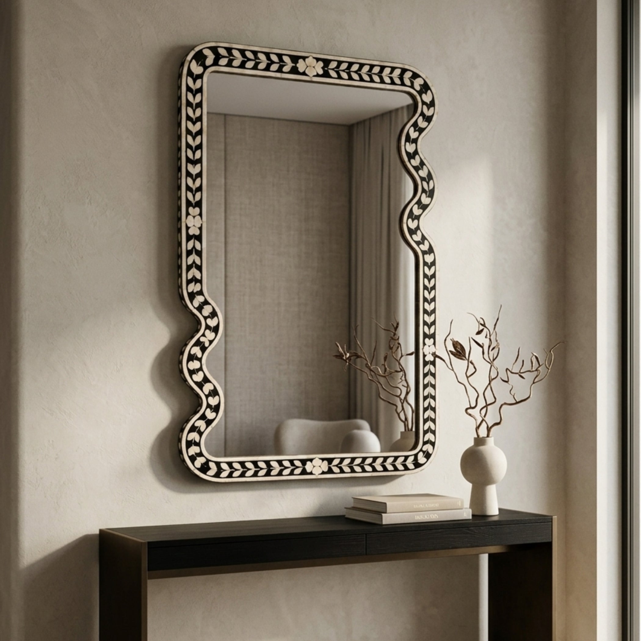 Handmade Bone Inlay Floral Wall Mirror | Luxury Home Decor