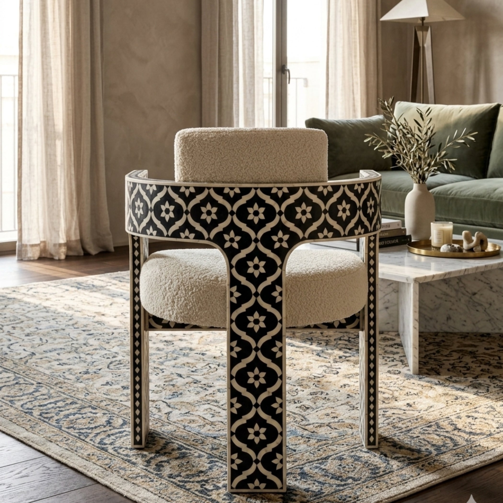 Handmade Black White Bone Inlay Accent Armchair