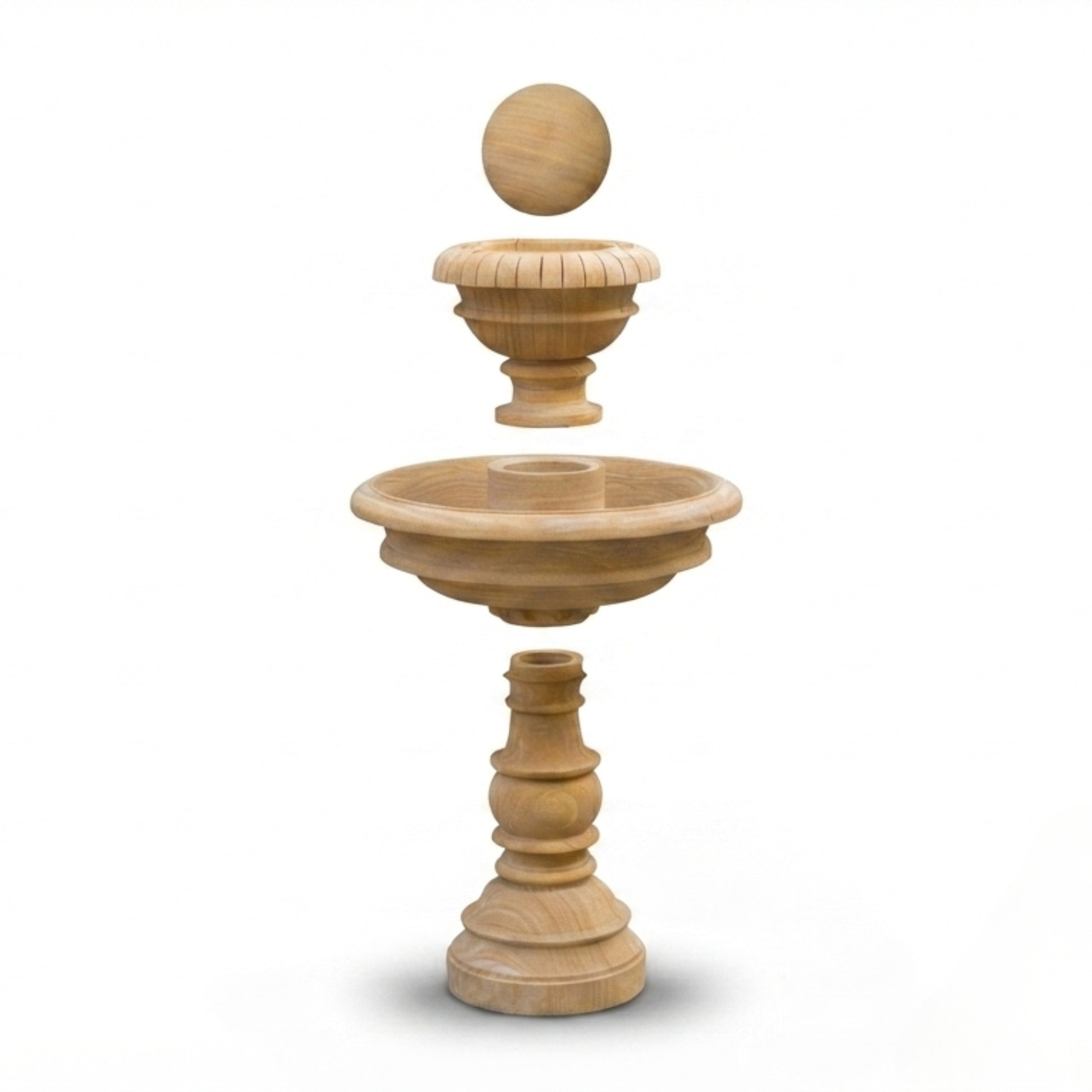 A light natural wood freestanding fountain or birdbath with a pedestal base, shallow bowl, upper tier, and a round finial on top, shown on a plain white background.