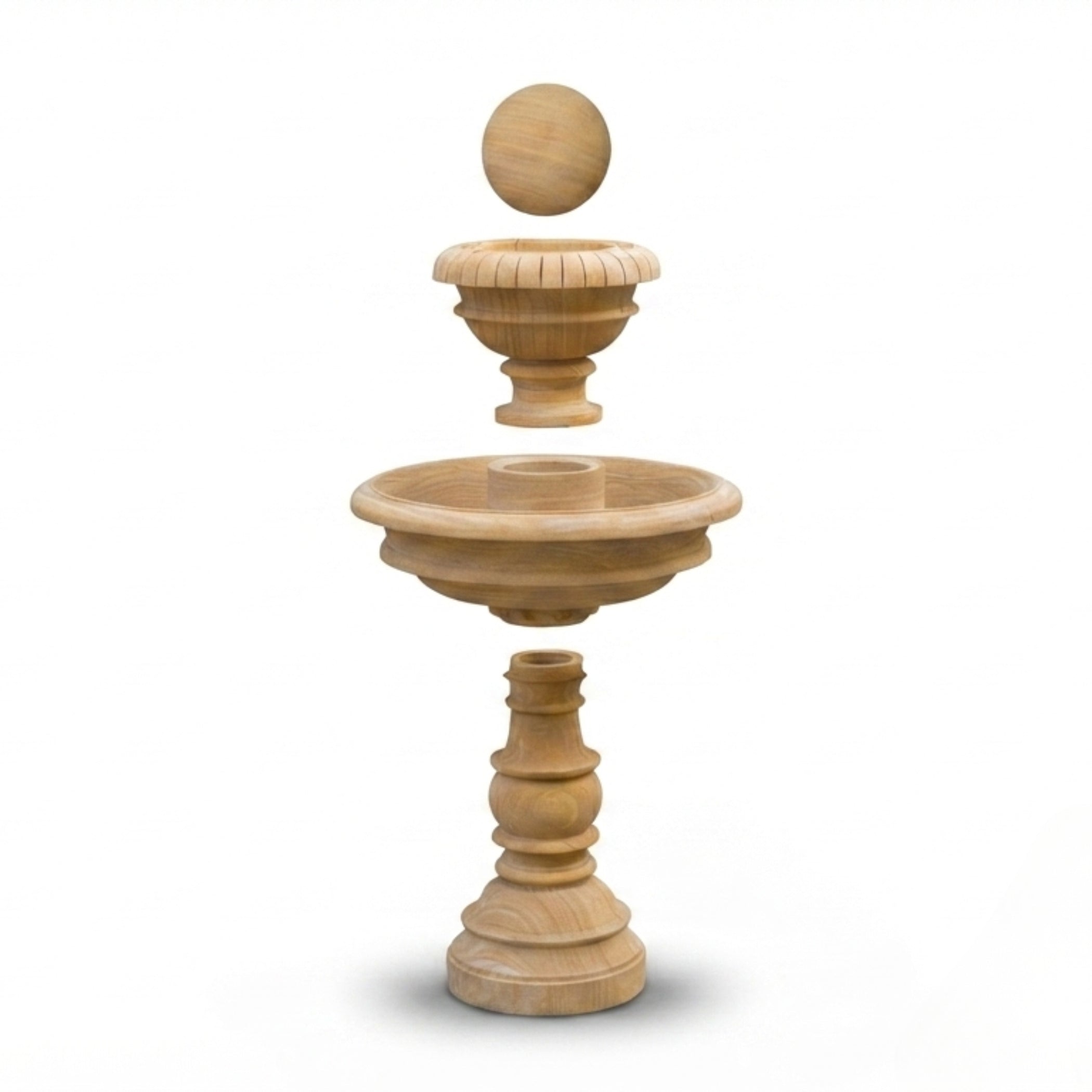A light natural wood freestanding fountain or birdbath with a pedestal base, shallow bowl, upper tier, and a round finial on top, shown on a plain white background.