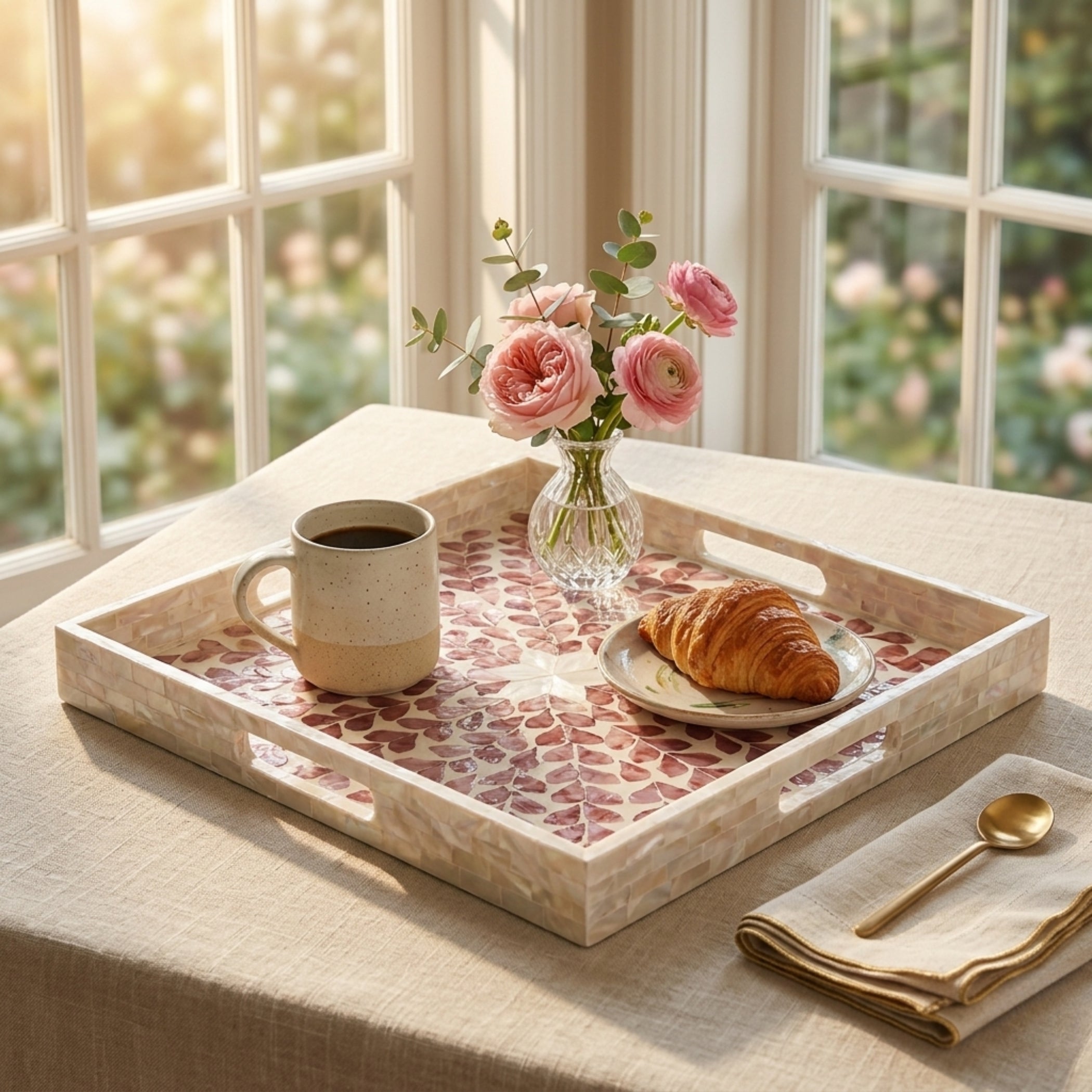 Handmade Mother of Pearl Serving Tray Pink Inlay Decor