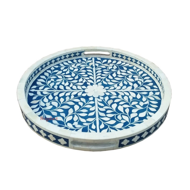 Luxury Floral Bone Inlay Serving Tray – Handmade Round Design