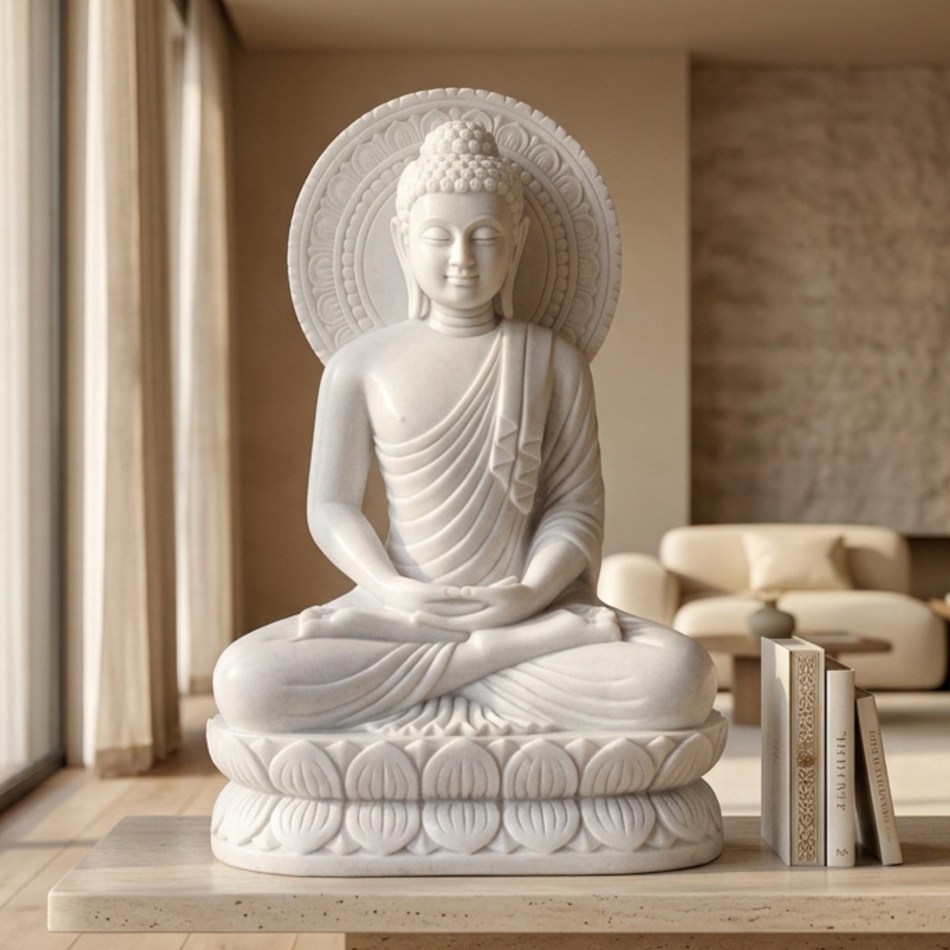 Luxury White Marble Buddha Statue on Console Table in Contemporary Home Interior – Handmade Meditation Decor