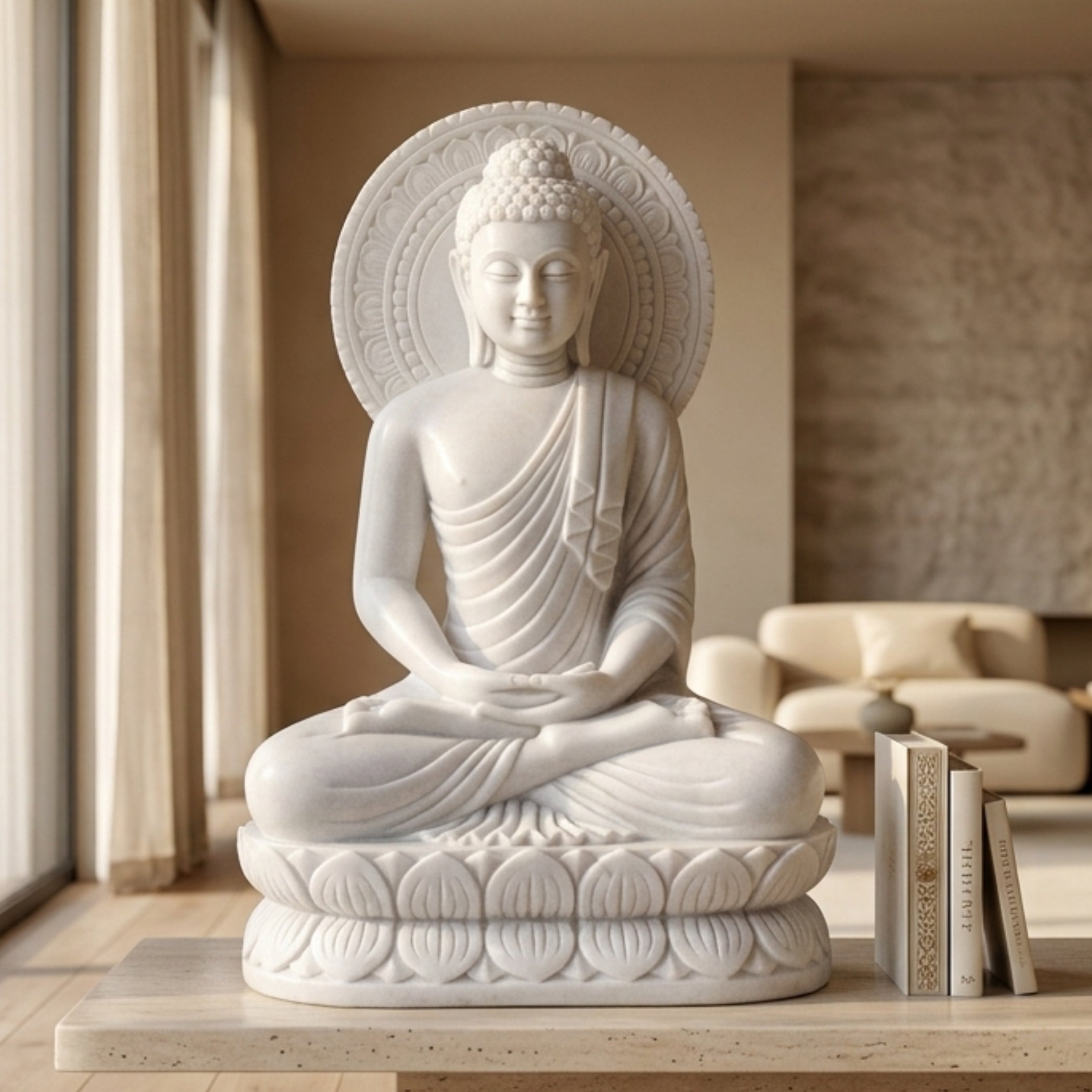 Luxury White Marble Buddha Statue on Console Table in Contemporary Home Interior – Handmade Meditation Decor