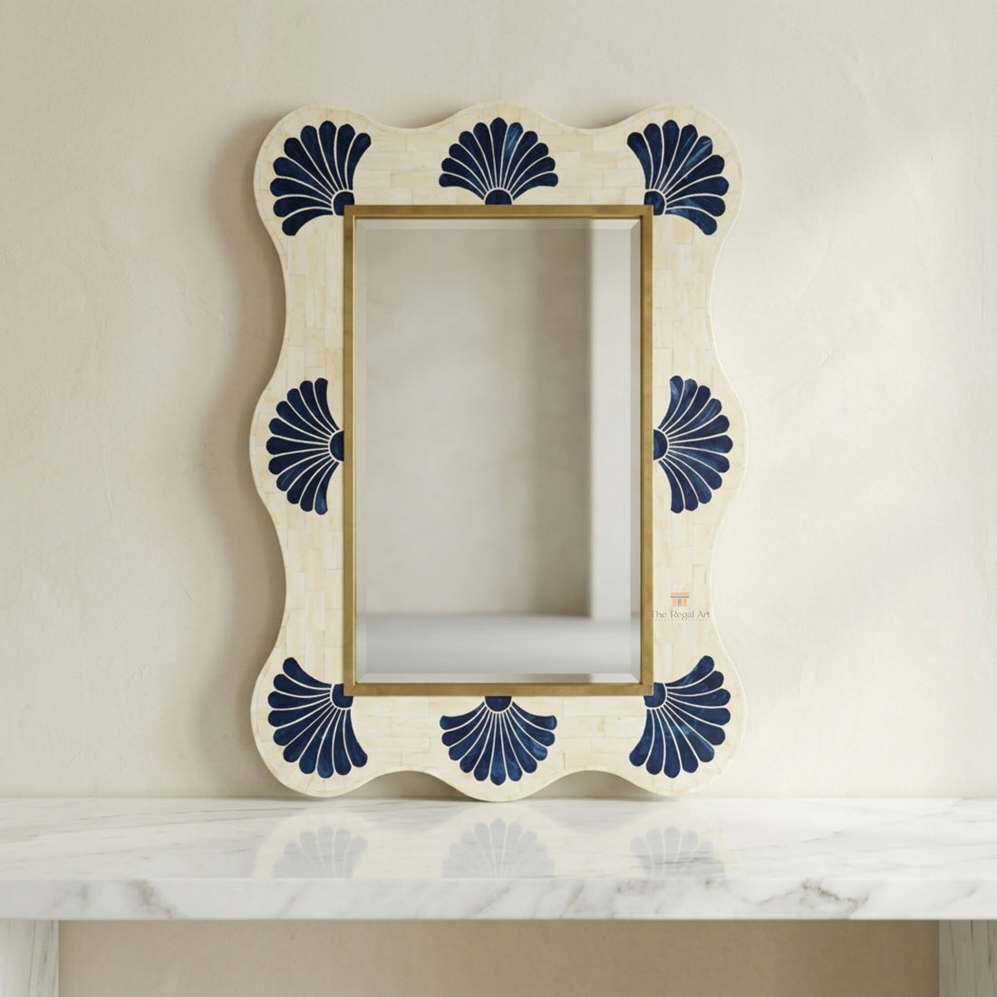 Blue Bone Inlay Scallop Mirror, Handmade Coastal Statement Wall Decor