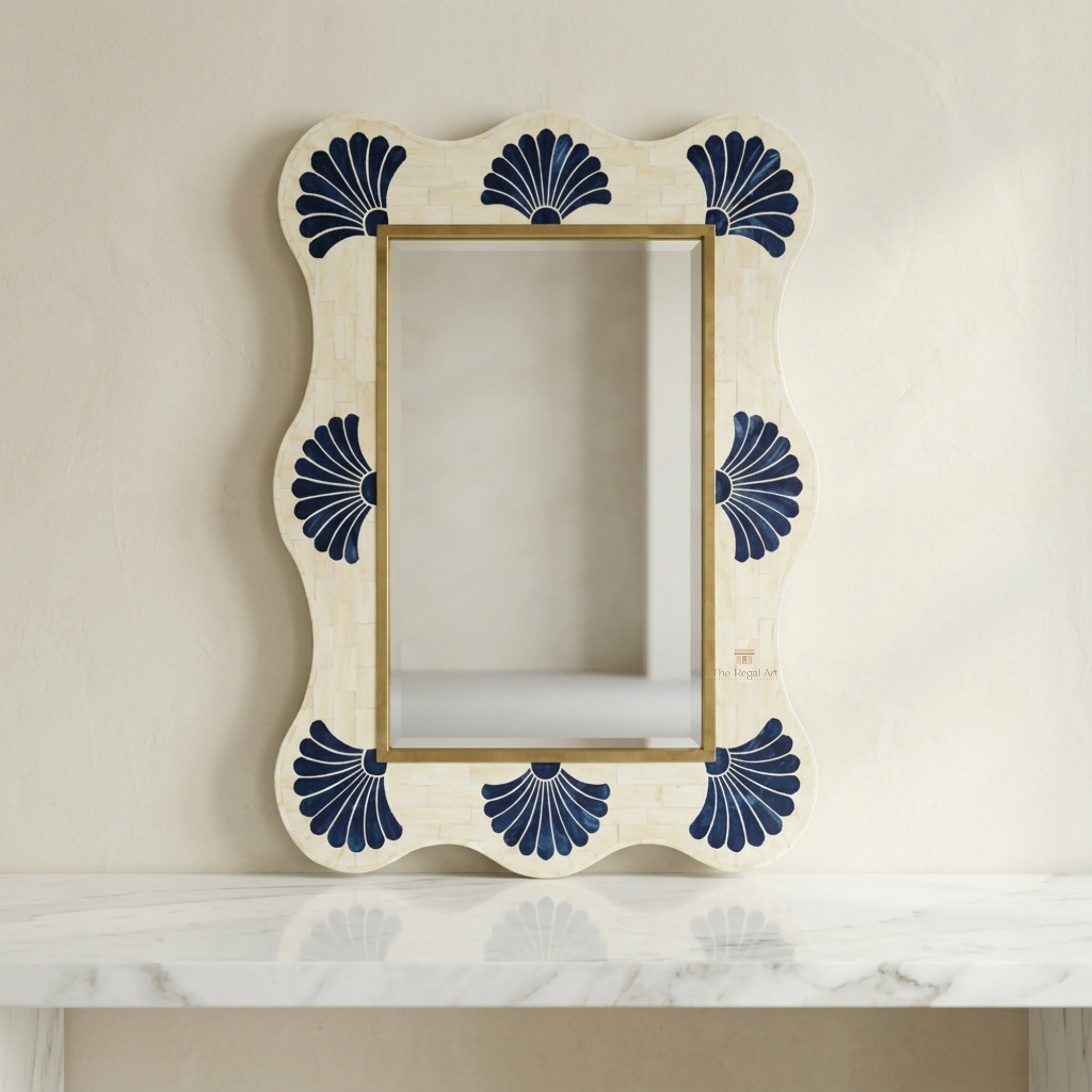 Blue Bone Inlay Scallop Mirror, Handmade Coastal Statement Wall Decor