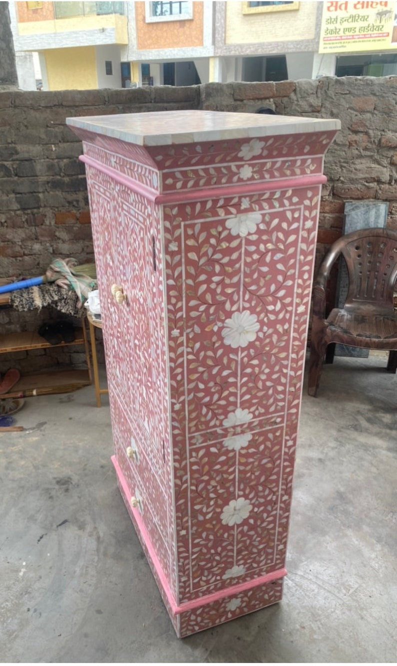 Handmade Floral Bone Inlay Two Door And Two Drawer Almirah / Wardrobe / Home decor