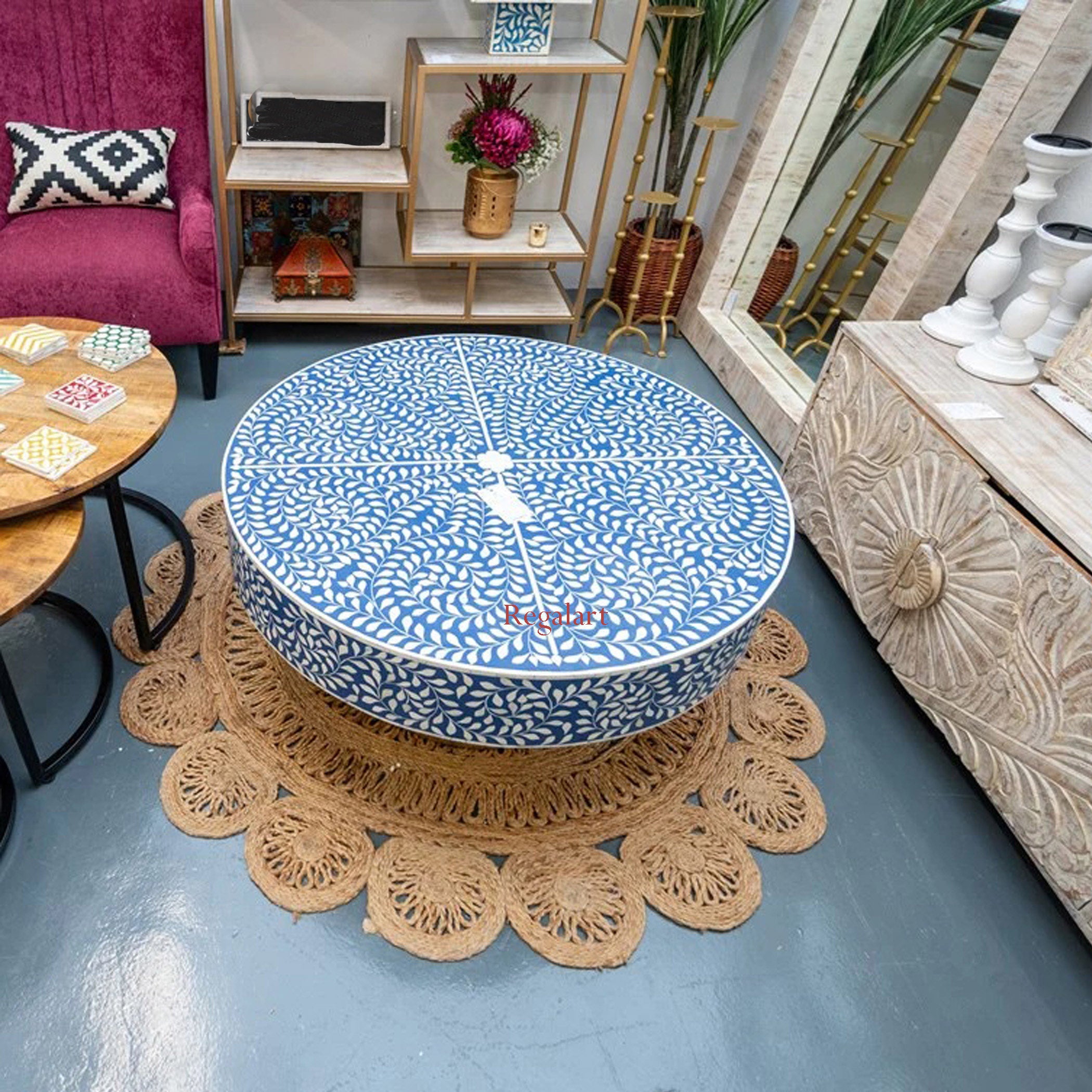 Bone Inlay Round coffee table floral pettan coffee table Home Decor