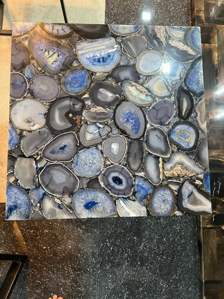 Top View of Blue Agate Gemstone Side Table Featuring Natural Crystal Pattern and Polished Finish
