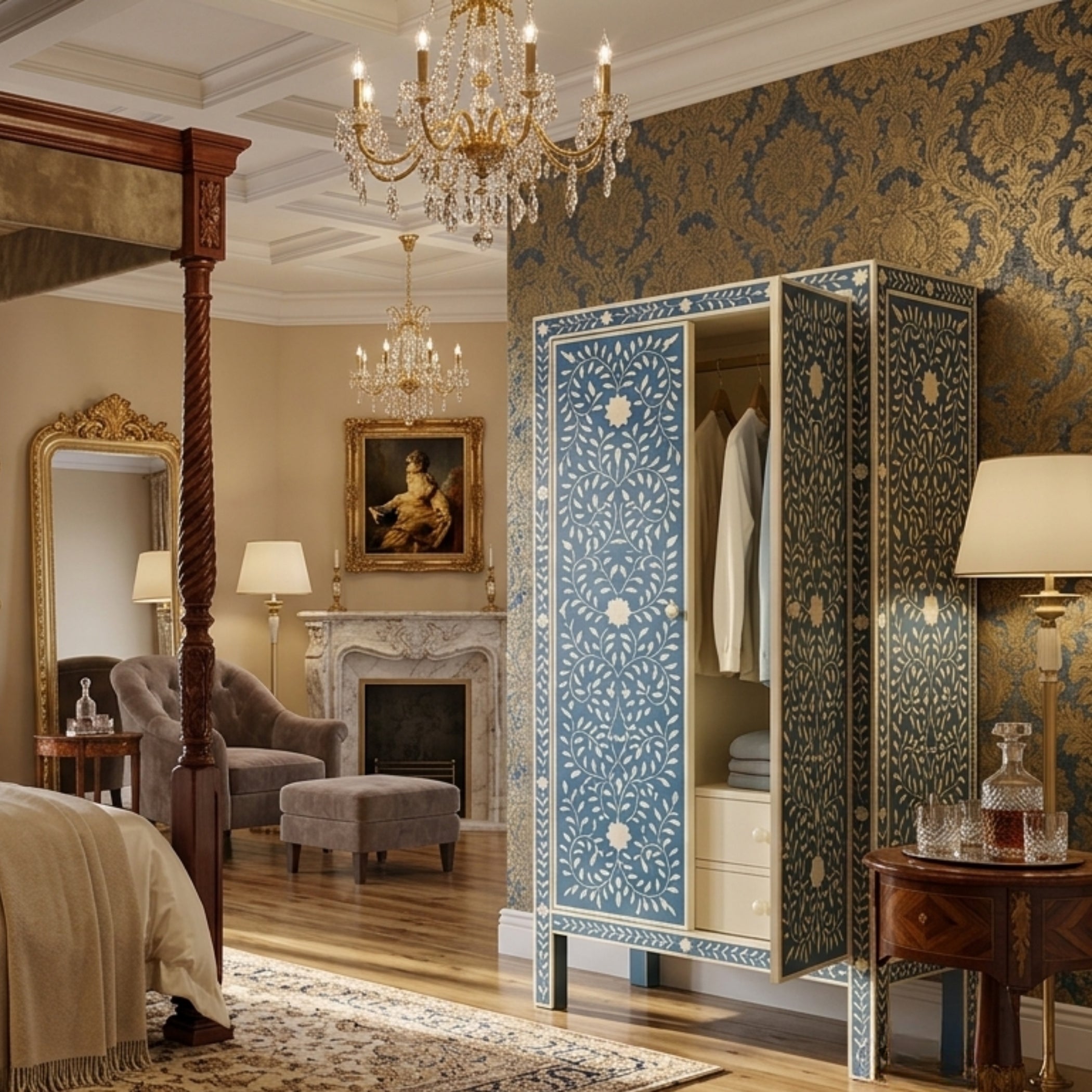 Handmade Bone Inlay Floral Wardrobe | Luxury Wardrobe