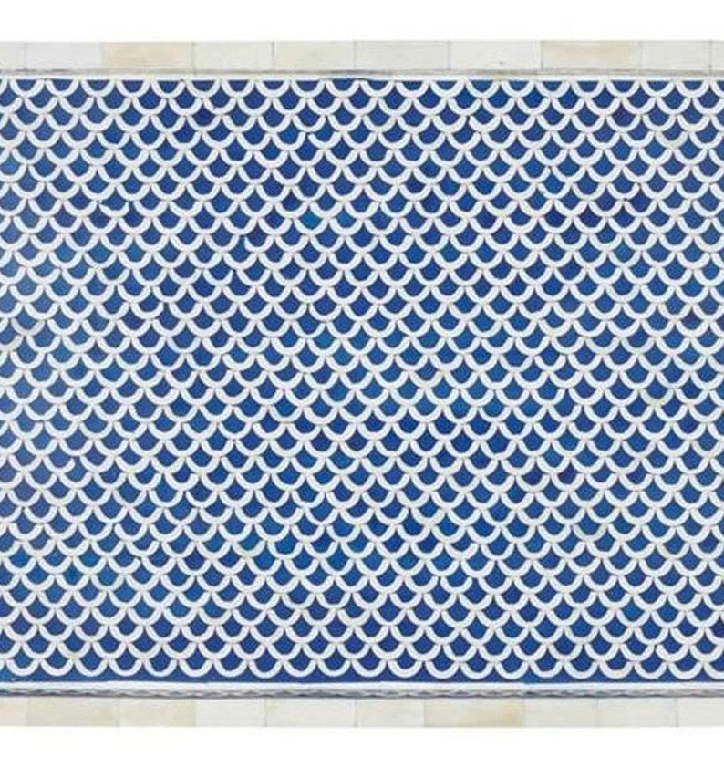Handmade Bone Inlay Serving Tray – Navy Blue Fish Scale Pattern