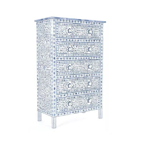 Handamde Chest of Drawers - Blue Bone Inlay Floral Pattern 5 drawer chest