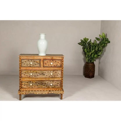 Bone Inlay Chest Of Drawer- Four Anglo Style Mango Wood Home Décor Luxury Furnit