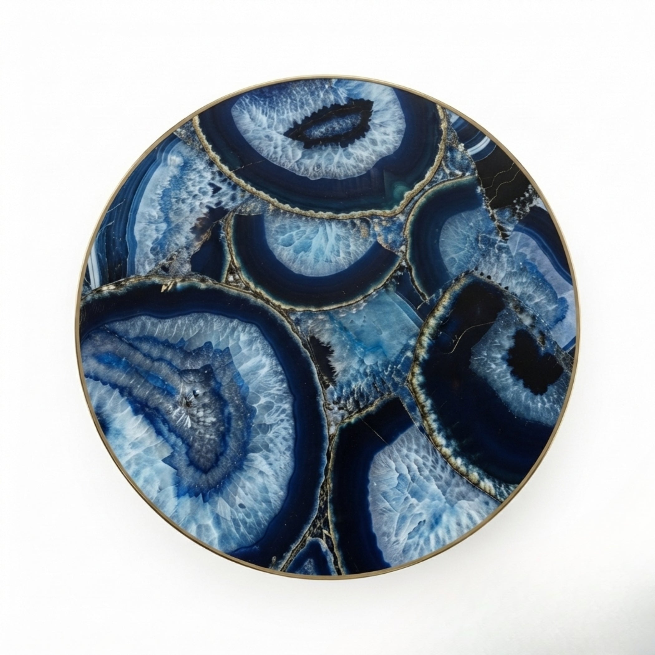Round Blue Agate Gemstone Coffee Table Top with Natural Crystal Pattern and Gold Edge