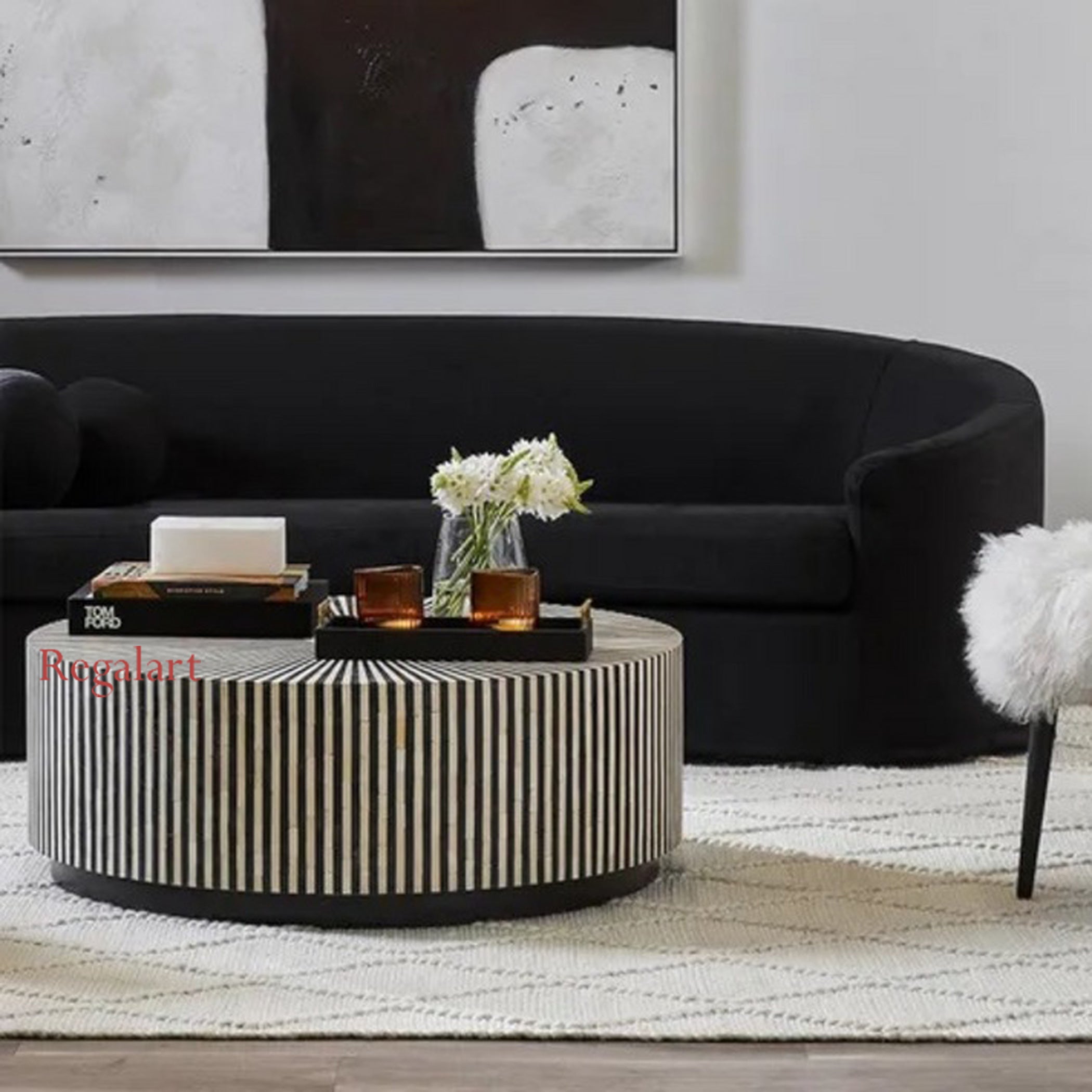 Luxury Striped Bone Inlay Round Coffee Table Decor