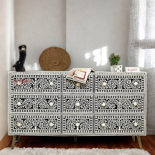 Black Optical Bone Inlay Chest of Drawers with Floral Design - 9 Drawer Cabinet Furniture