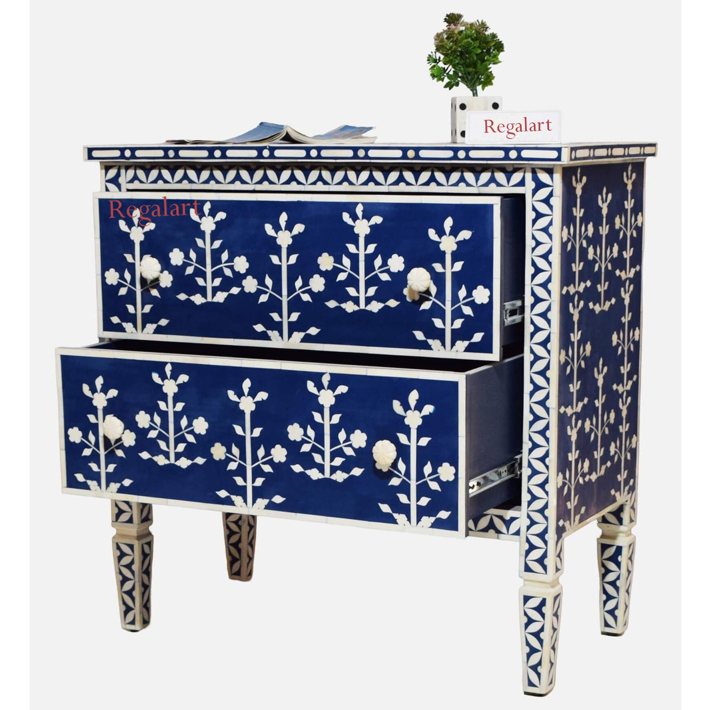 Nocturne Navy Blue Bone Inlay Chest of Drawers - Elegant Storage