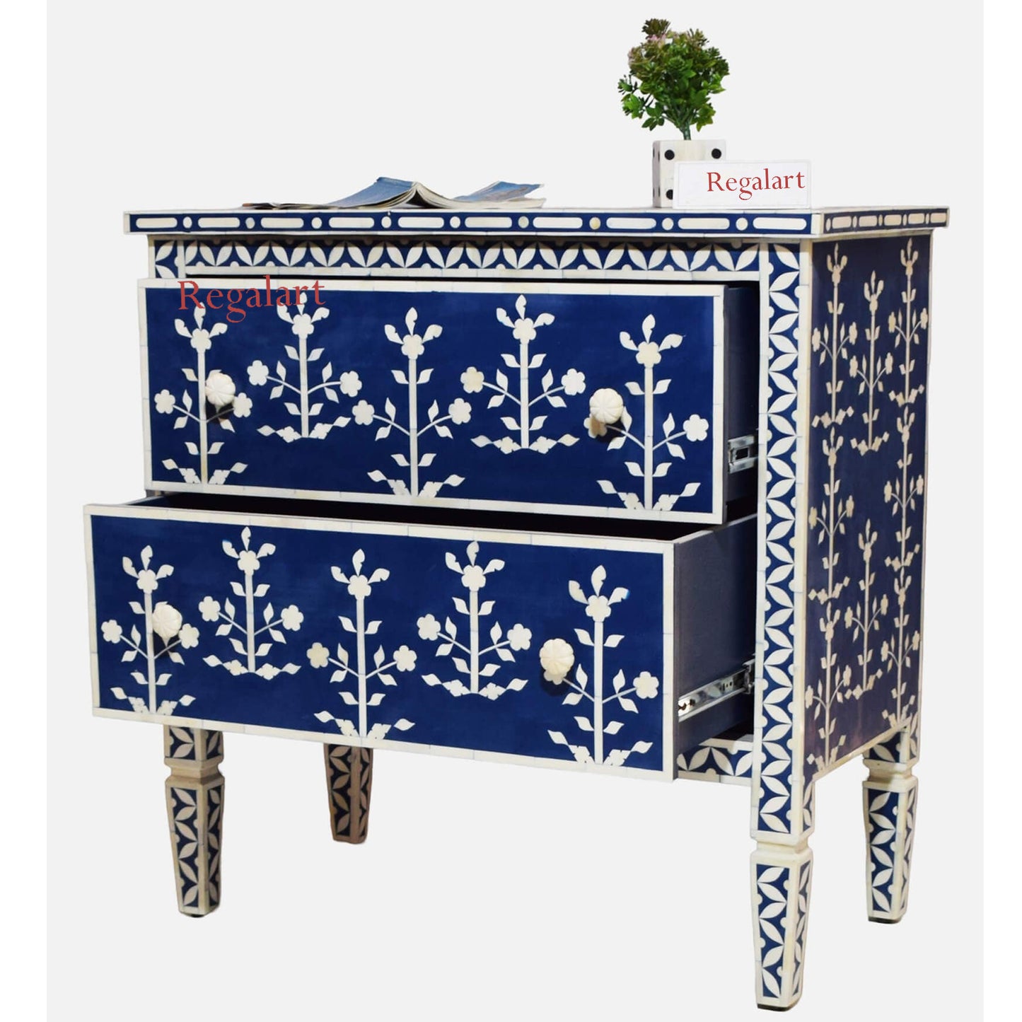 Nocturne Navy Blue Bone Inlay Chest of Drawers - Elegant Storage