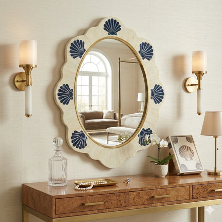 Handmade Blue Bone Inlay Oval Mirror, Scalloped Coastal Brass Frame