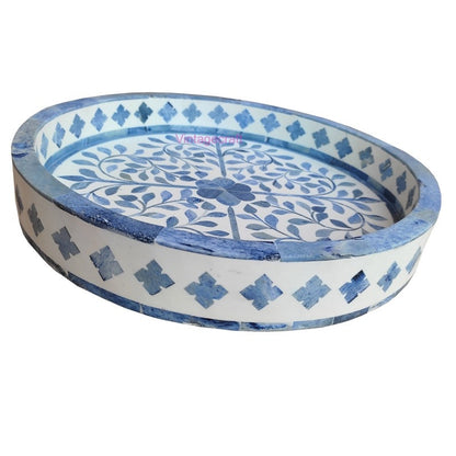 Blue Bone Inlay Round Kitchen Serving Tray Handmade Floral Design Tray Christmas gift item