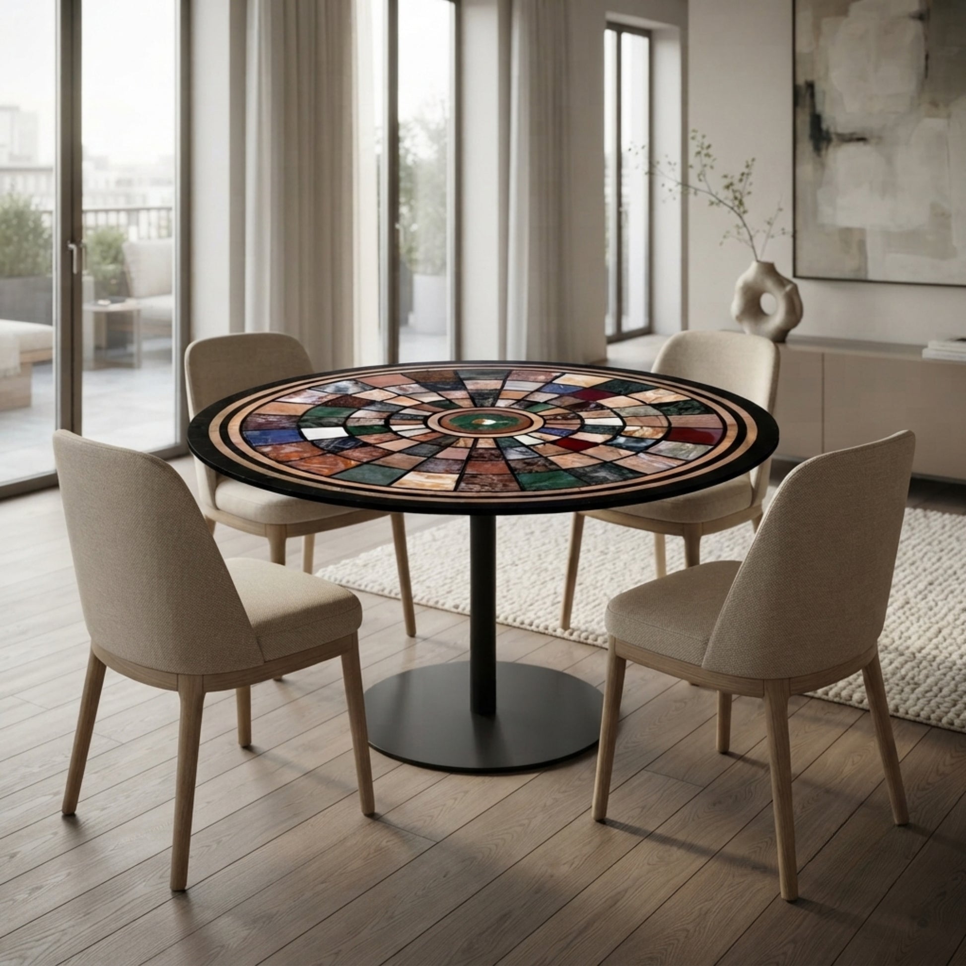 Luxury round marble inlay dining table top with colorful natural stone geometric pattern displayed in a contemporary dining room.